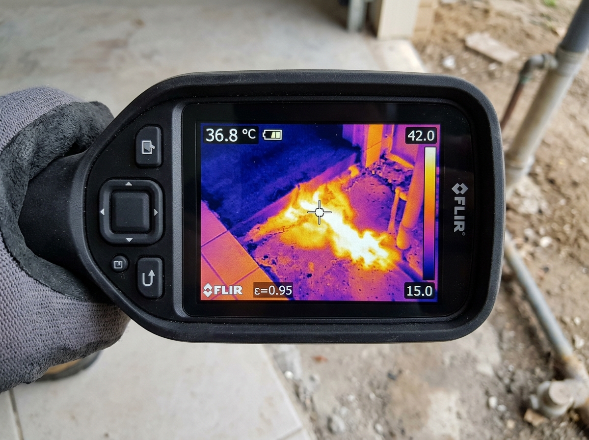 Thermal imaging scan revealing hot water line leak under concrete slab in Boca Raton